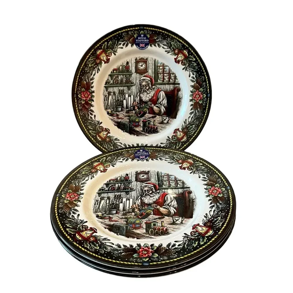 Royal Stafford SANTA'S WORKSHOP 11in Dinner Plate Set of 4 Holiday Porcelain New